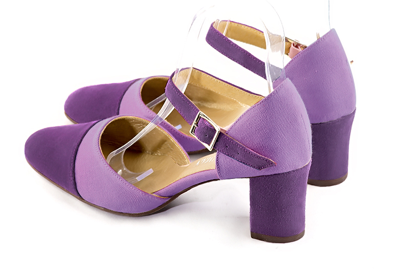 Amethyst purple women's open side shoes, with an instep strap. Round toe. Medium block heels. Rear view - Florence KOOIJMAN